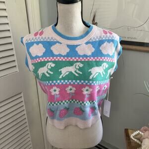 LUNA IVY Sweater Vest Womens XS Pastel Babycore Puppies Clouds Berries Flowers